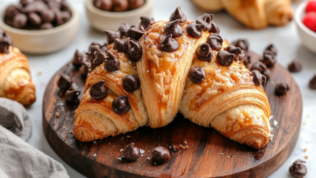 A flaky crookie topped with chocolate chips on a round wooden board, surrounded by chocolate pieces and bowls of ingredients