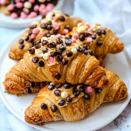 Close-up of croissants filled with cookie dough, topped with chocolate chips, white chocolate, pink candy pieces, and a dusting of powdered sugar, served on a white plate.