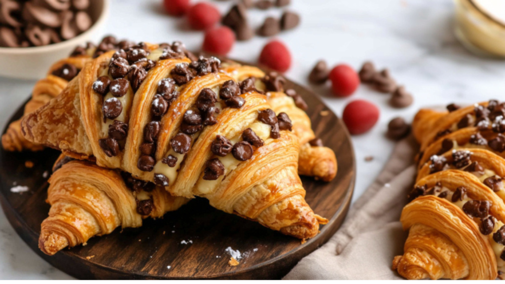 Freshly baked crookies topped with chocolate chips on a wooden plate, with chocolate pieces and raspberries in the background