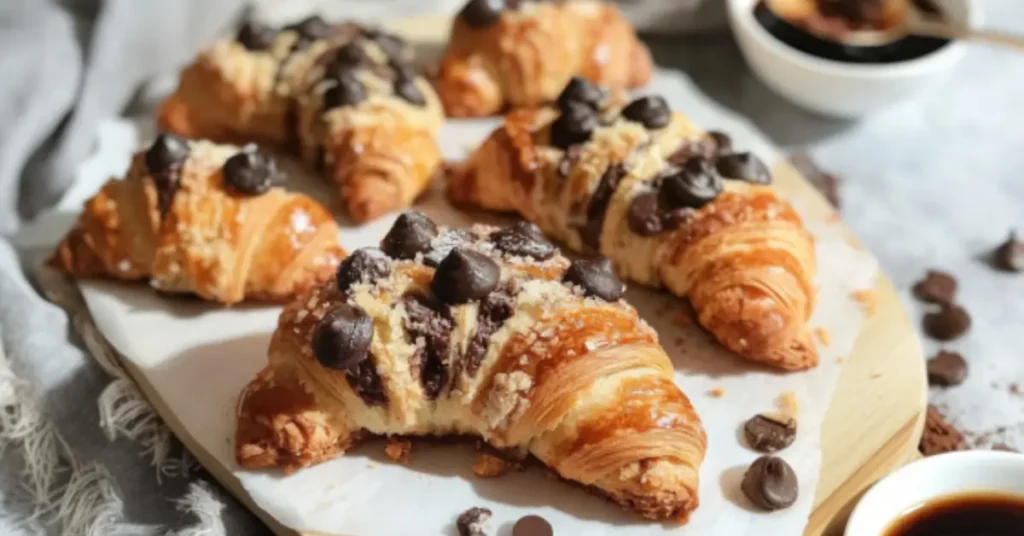 Freshly baked croissants filled with chocolate chips and topped with powdered sugar, arranged on a wooden serving board with scattered chocolate chips