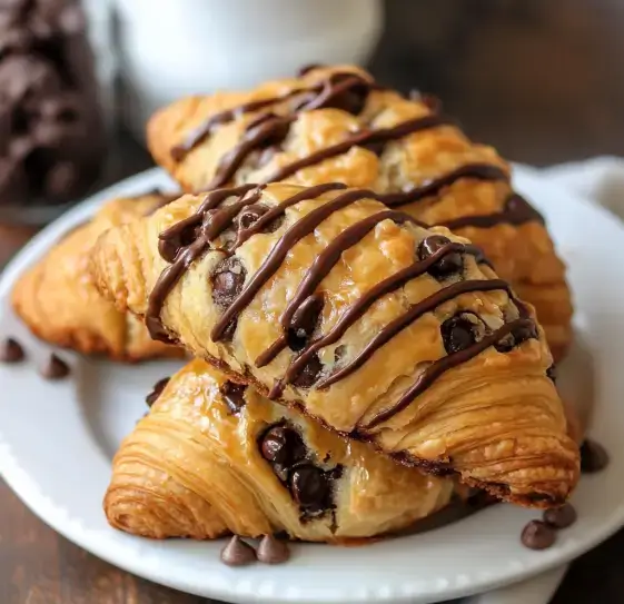 Close-up of golden, flaky croissants filled with chocolate chips and drizzled with rich chocolate sauce, served on a white plate with extra chocolate chips.