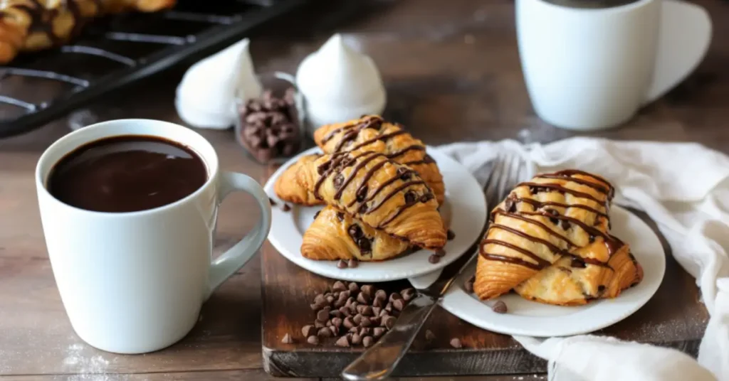 Two chocolate chip croissants drizzled with chocolate sauce served on white plates alongside a mug of hot coffee, surrounded by chocolate chips and meringue decorations on a wooden table.