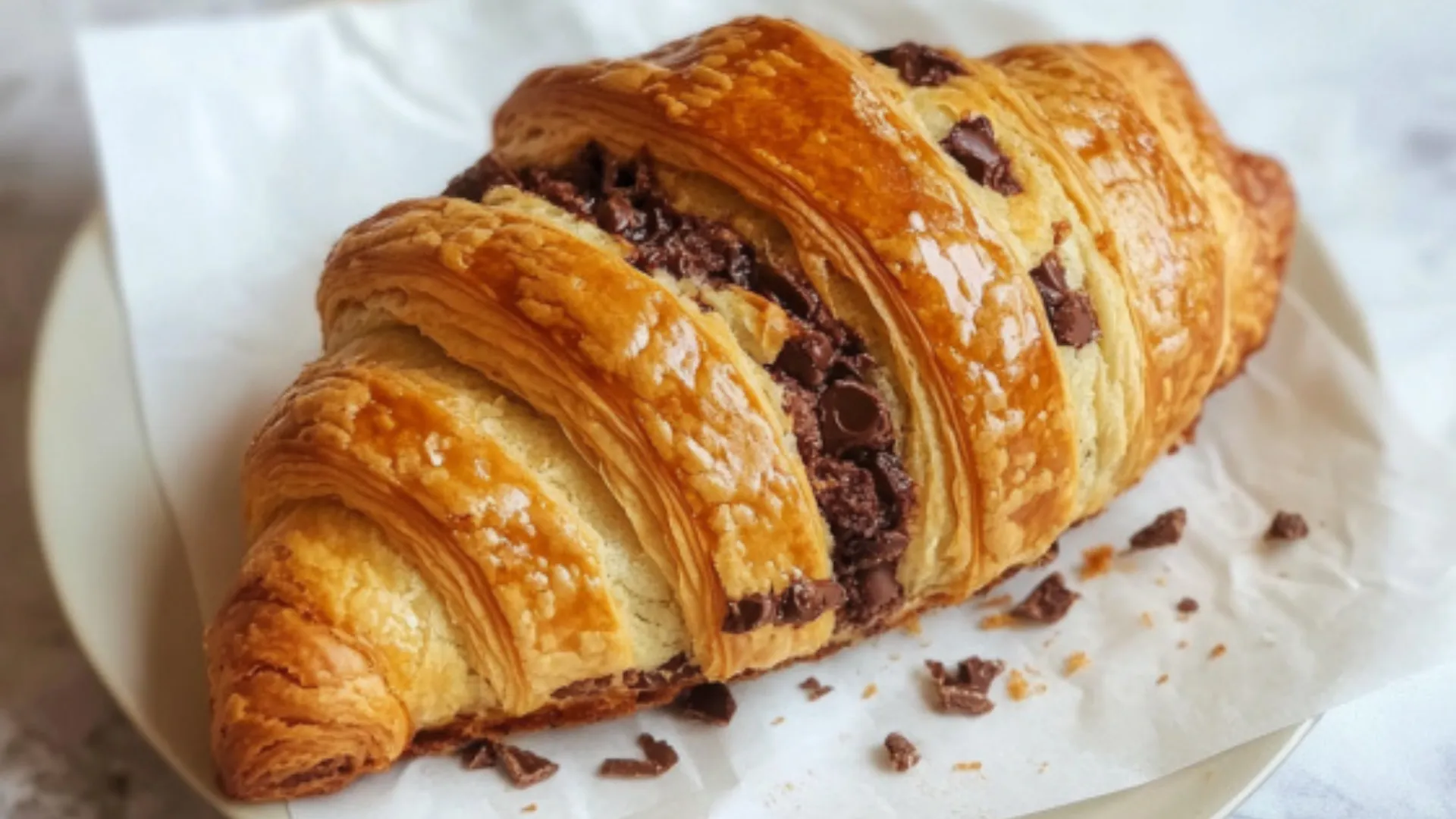 A golden crookie with chocolate chunks on parchment paper