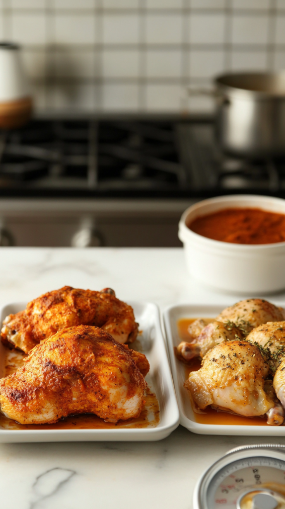 Side-by-side comparison of frozen and thawed chicken.