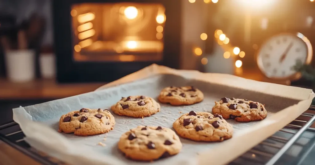 Chocolate chip cookies cooling on a tray