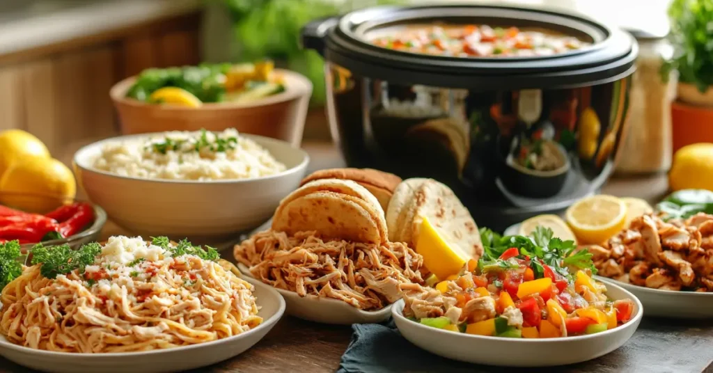 Assorted crock pot chicken dishes with vibrant sides