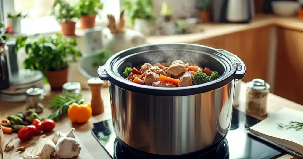 Crock pot with frozen chicken and vegetables cooking