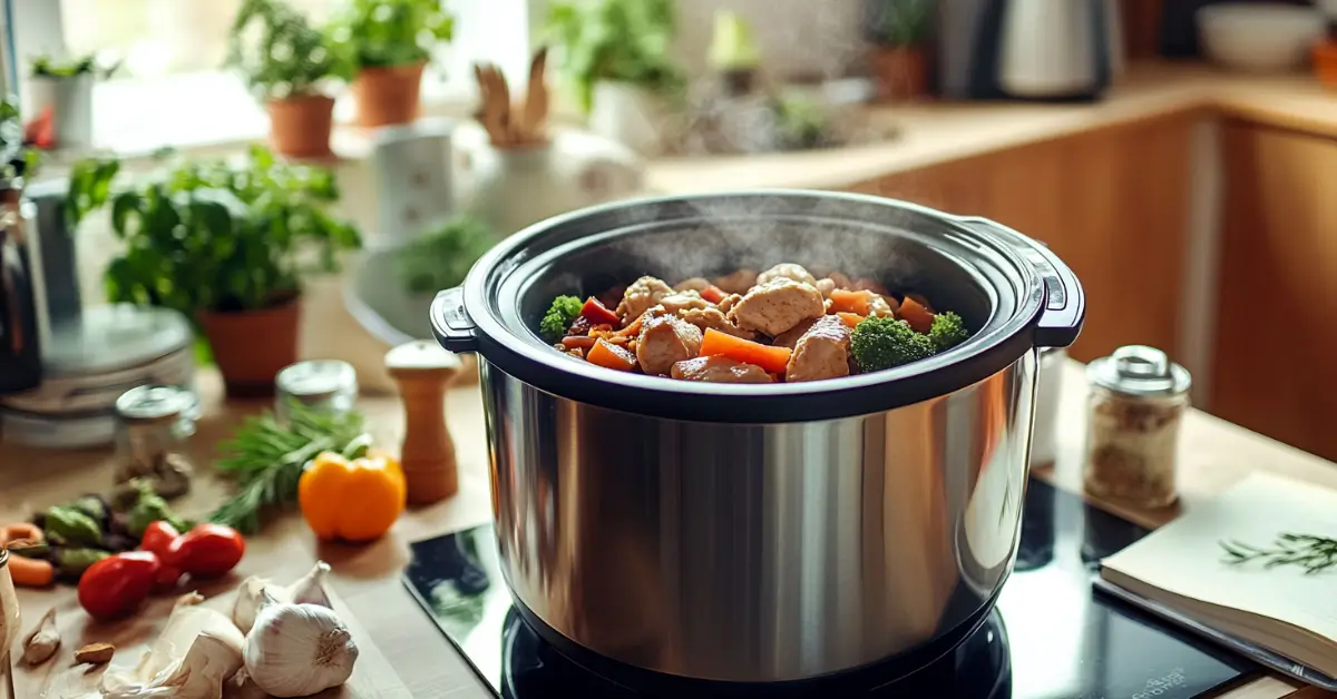 Crock pot with frozen chicken and vegetables cooking