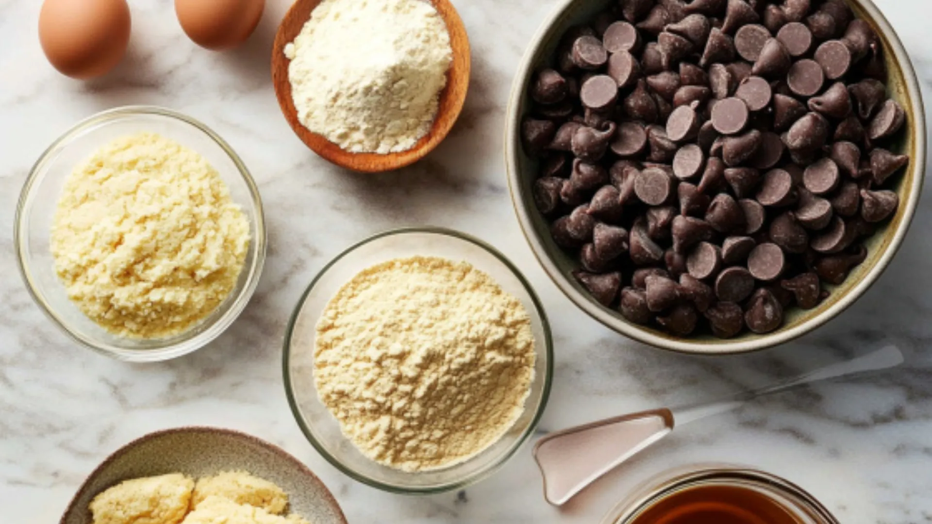 Baking ingredients including flour, chocolate chips, eggs, and sugar displayed on a marble surface.