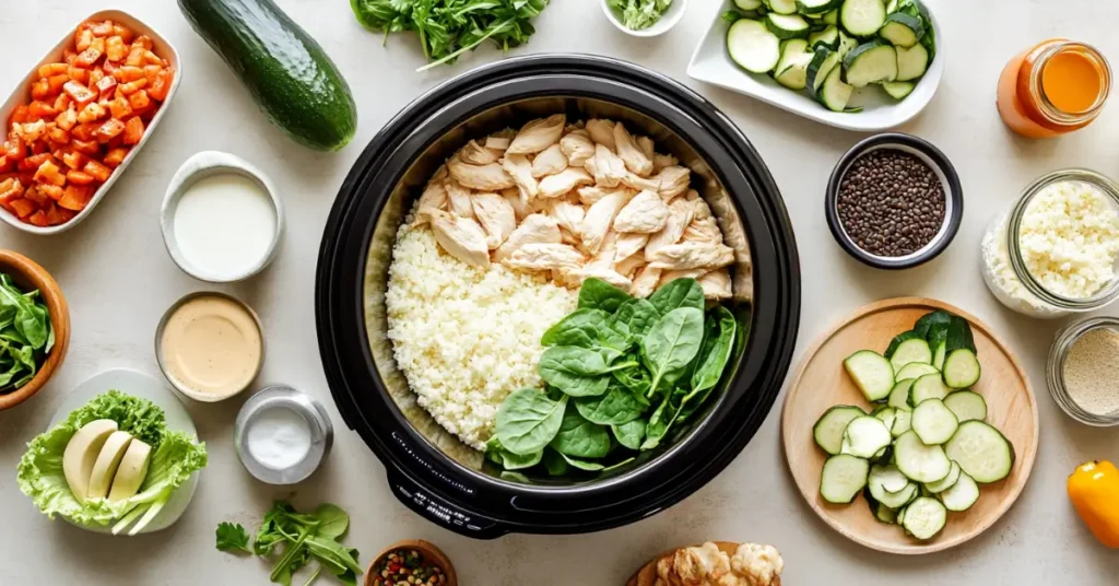 Low-carb crock pot meal with chicken, spinach, and veggies