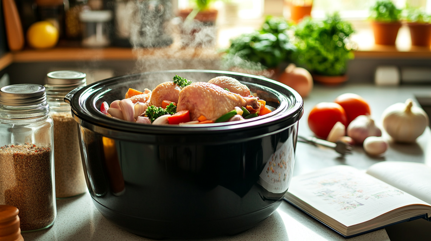 Crock pot with frozen chicken and fresh vegetables.