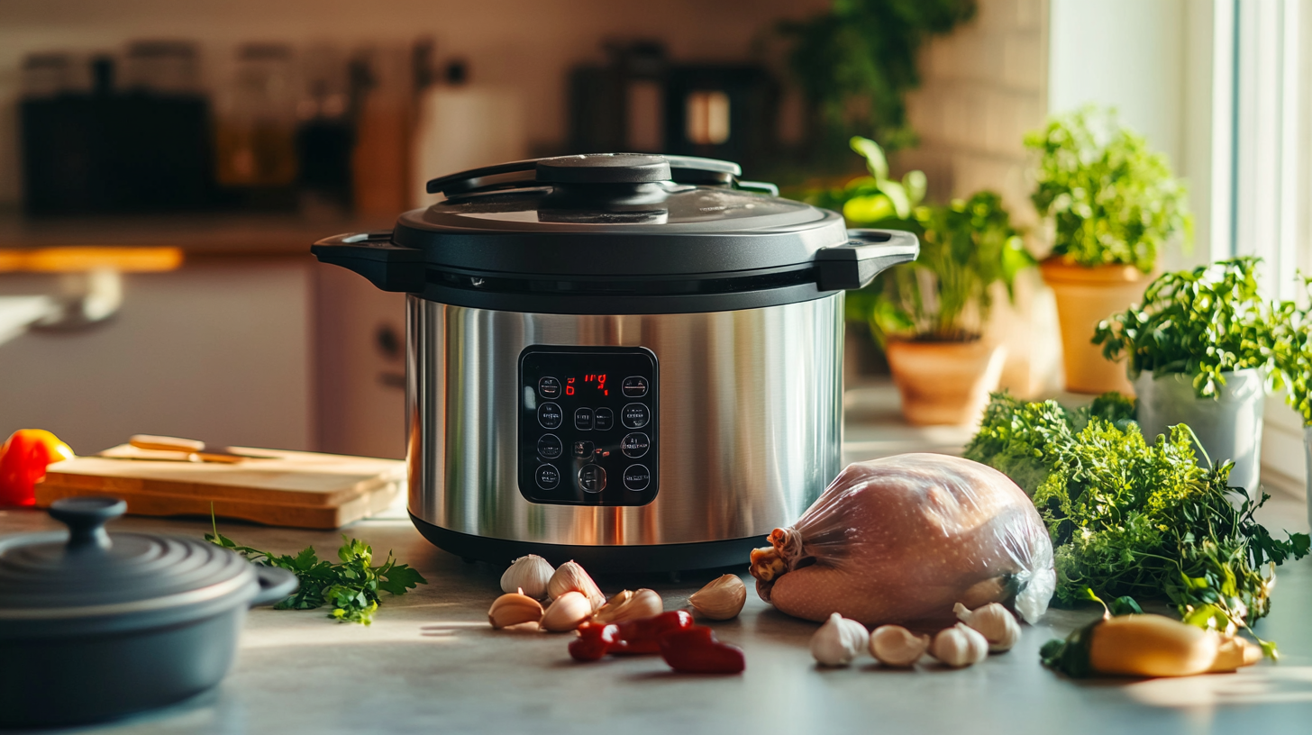 Frozen chicken with cookers on countertop