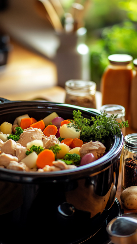 Crock pot with frozen chicken and colorful veggies.