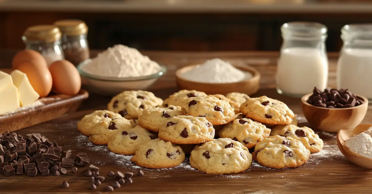 Cookies and baking ingredients on a wooden table