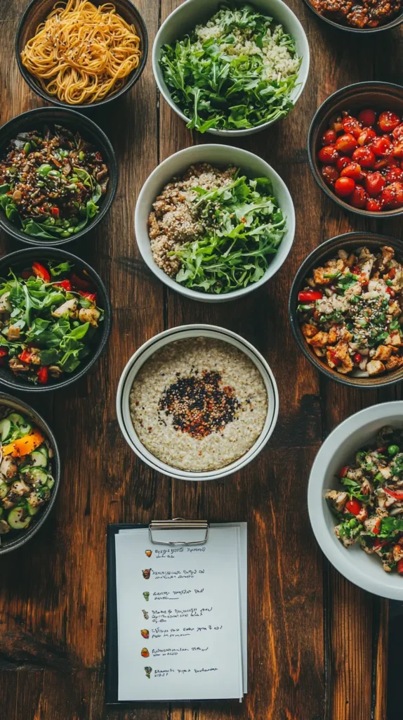 A 7-day meal plan featuring various buckwheat dishes in labeled containers on a wooden table