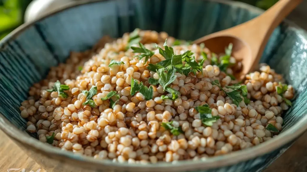 A bowl of cooked kasha garnished with fresh herbs, highlighting its rustic appeal