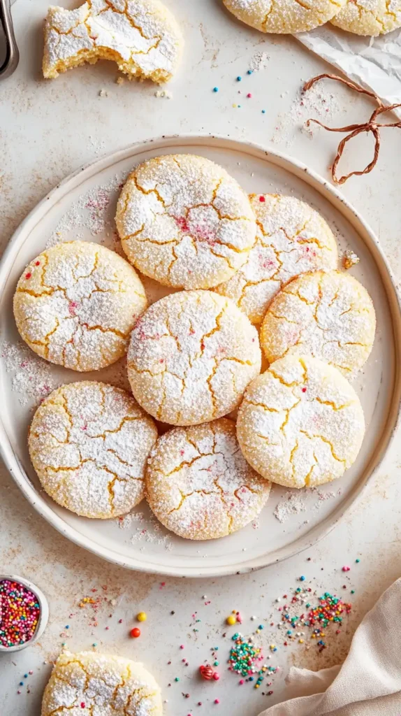 Crackled cookies with powdered sugar and colorful toppings