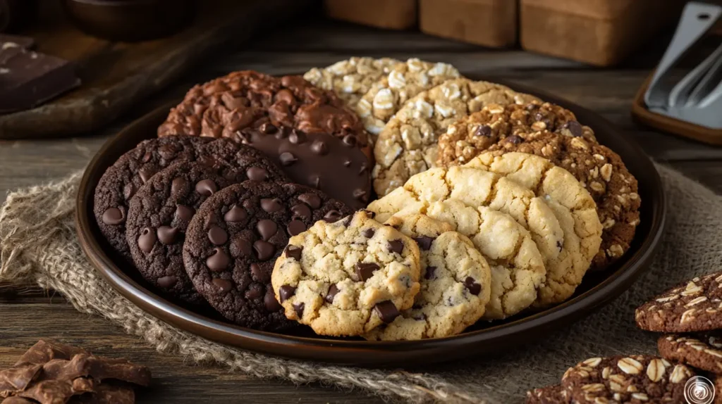 A plate of assorted cookies with chocolate chip, oatmeal, and vegan varieties