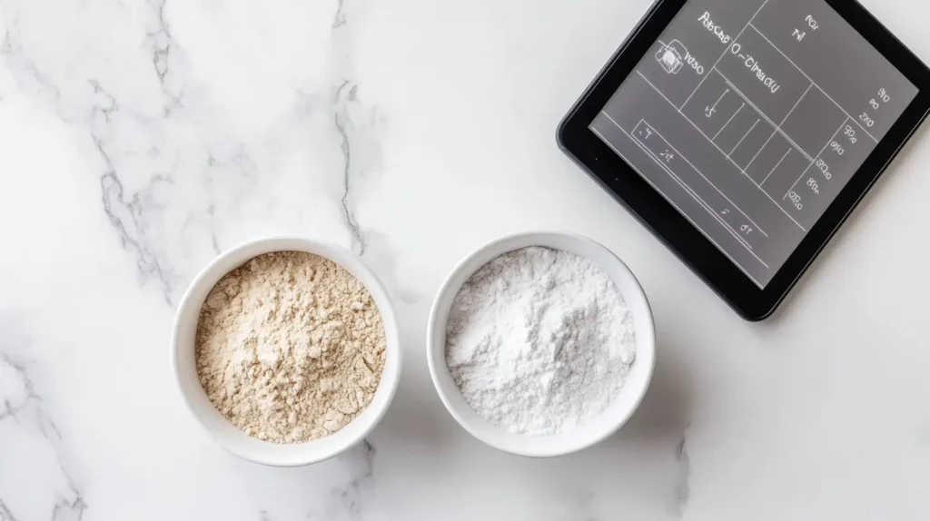 Labeled bowls of baking soda and baking powder with a conversion chart on a tablet for easy substitution