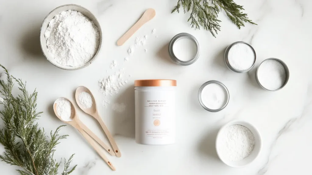 Baking soda and powder on a white marble counter with measuring spoons and flour