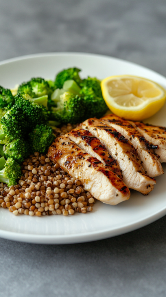 A balanced meal with cooked buckwheat, steamed broccoli, grilled chicken, and lemon on a clean white plate