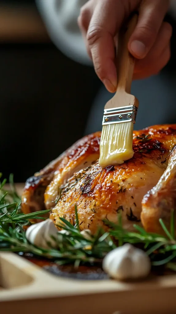 Hand basting a roasted chicken with butter and herbs