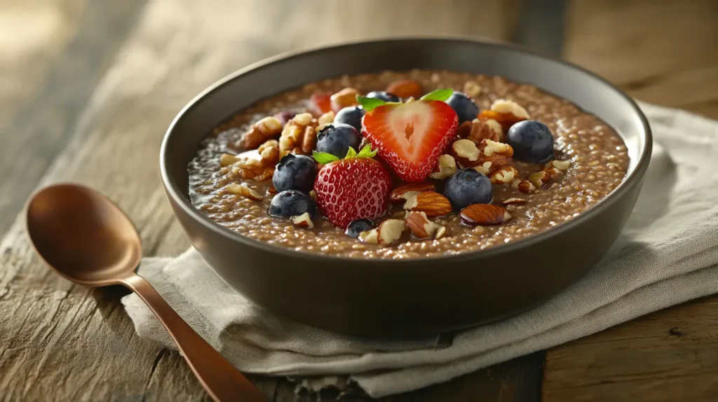 A bowl of buckwheat porridge topped with fresh fruits, nuts, and honey on a rustic wooden table