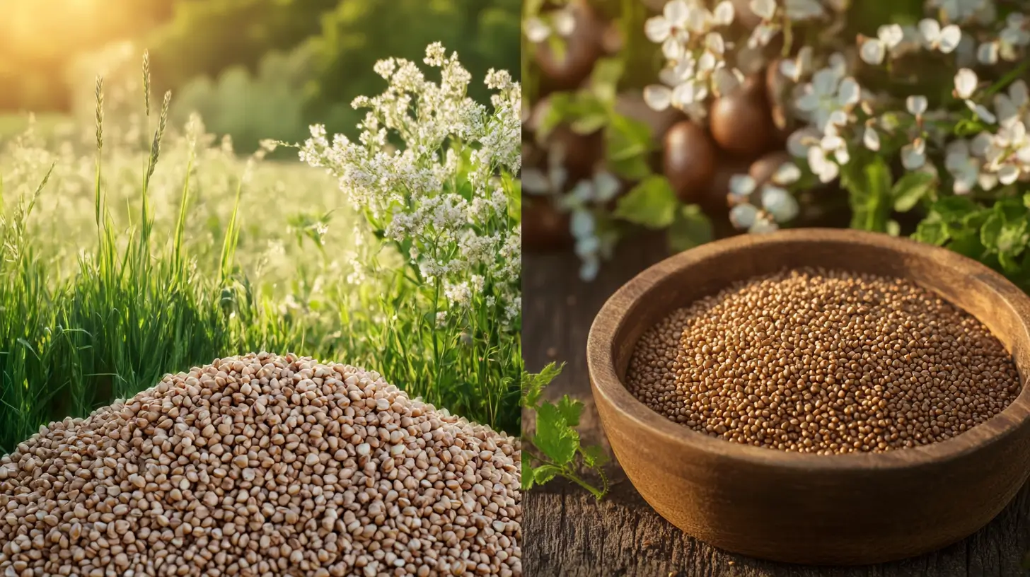 Buckwheat seeds and roasted kasha in a rustic kitchen setting