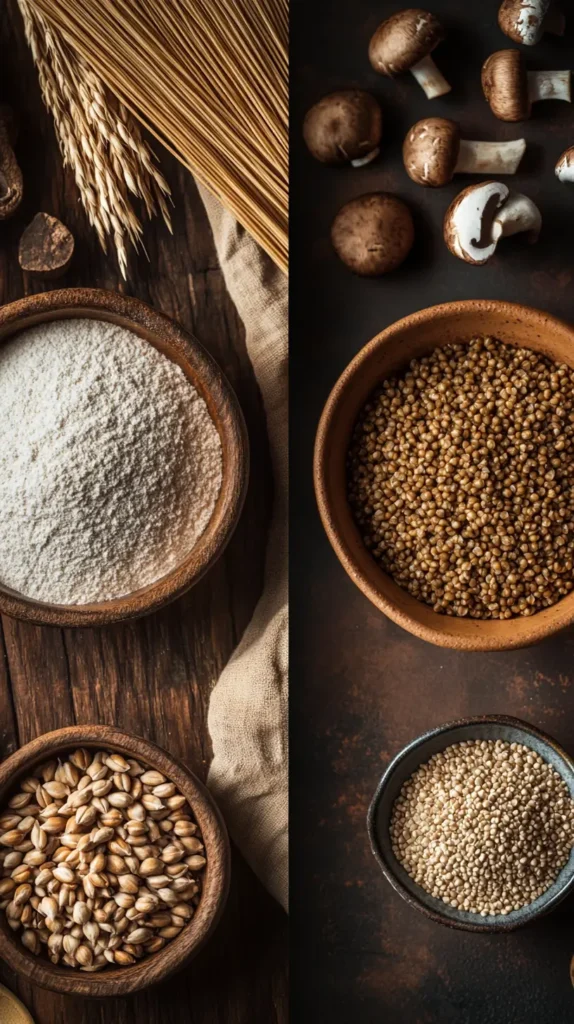 Raw buckwheat and roasted kasha in bowls with culinary dishes