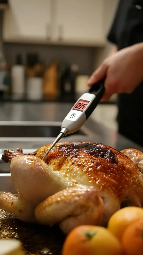 Meat thermometer checking the internal temperature of a roasted chicken