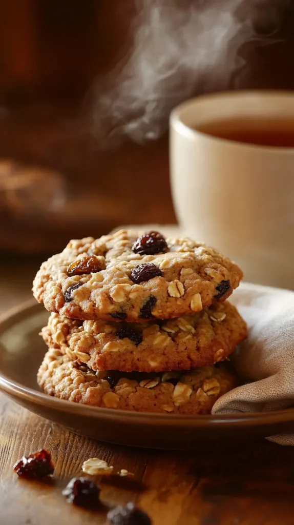 A plate of chewy oatmeal raisin cookies with visible oats and raisins, accompanied by a linen napkin and a cup of tea