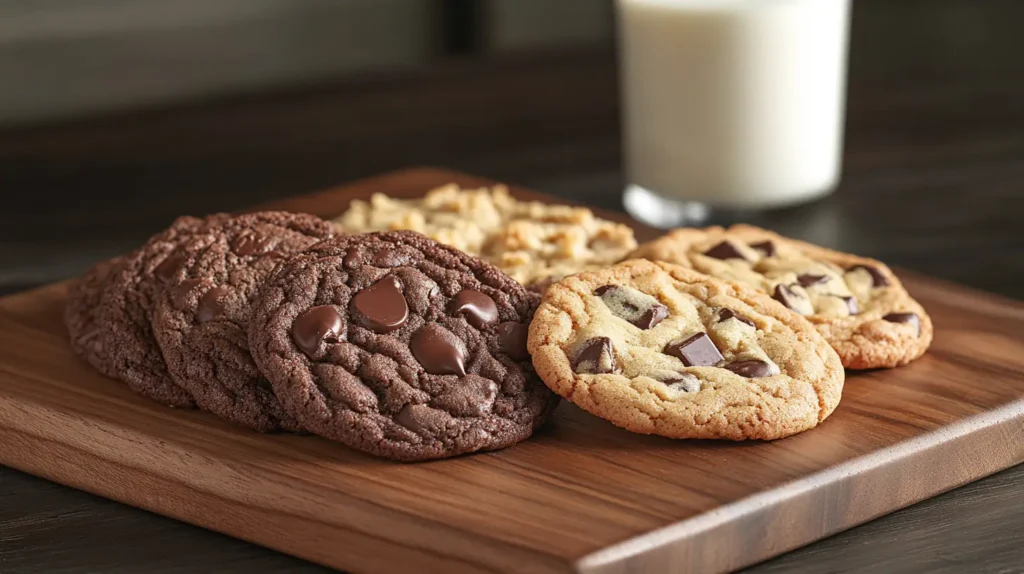 A mix of chewy chocolate chip cookies and crunchy butter cookies displayed on a wooden board with a glass of milk in the background