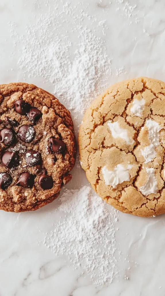 Close-up of chewy chocolate chip cookie and crunchy gingersnap cookie split open to reveal contrasting textures