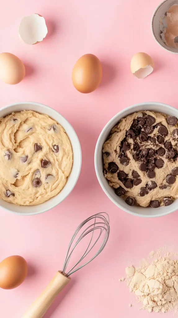 Split-screen image of cookie dough: one bowl with smooth, cohesive dough, and another with over-mixed, tough dough, highlighting common baking mistakes