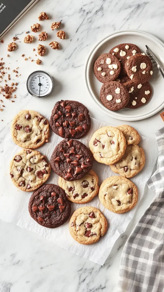 Cookies baked at different temperatures, showing variations in browning and texture