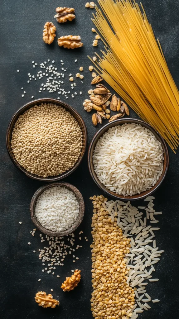 A visual comparison of kasha, rice, and pasta, highlighting carb differences