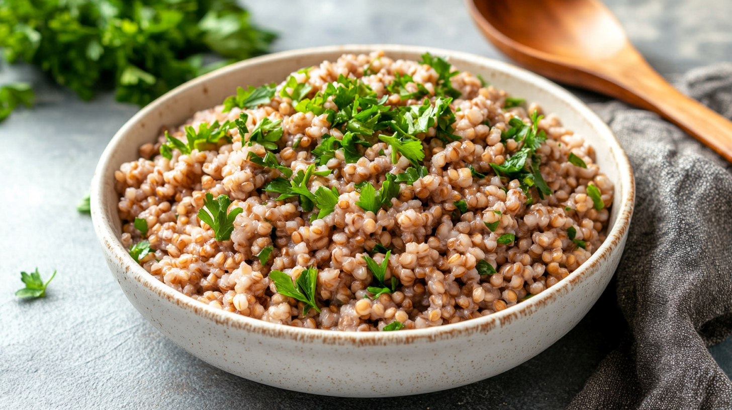 A bowl of cooked buckwheat groats garnished with parsley on a rustic wooden table