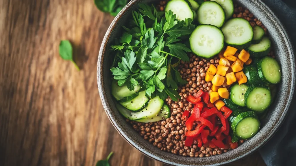 Cooked buckwheat with vegetables on a wooden table, suitable for low carb diets