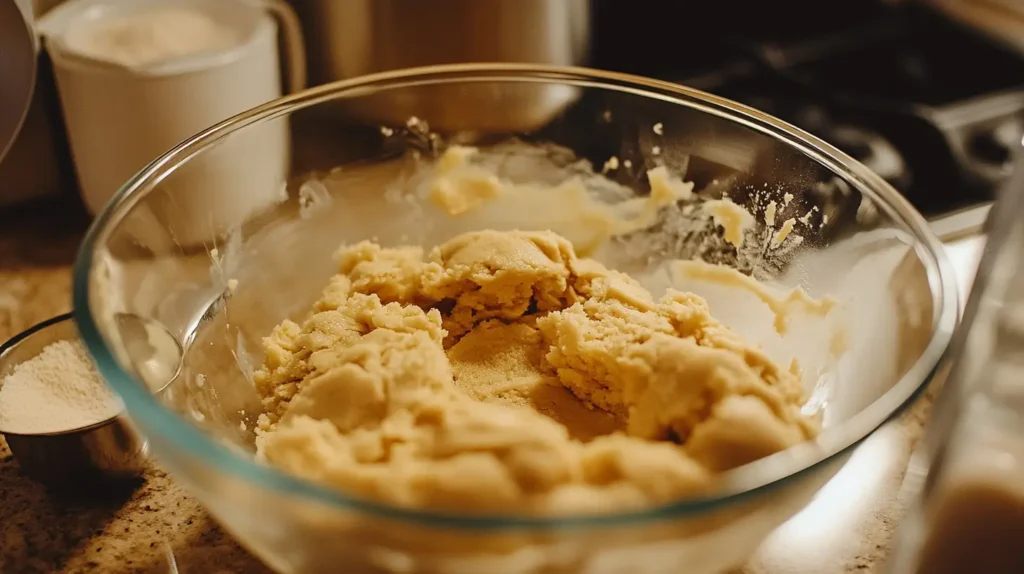 Mixing bowl with cookie dough and visible ingredients like brown sugar and butter, alongside baking soda and vinegar