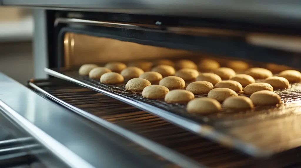 Cookies rising on a baking sheet inside a modern oven, showing the leavening process