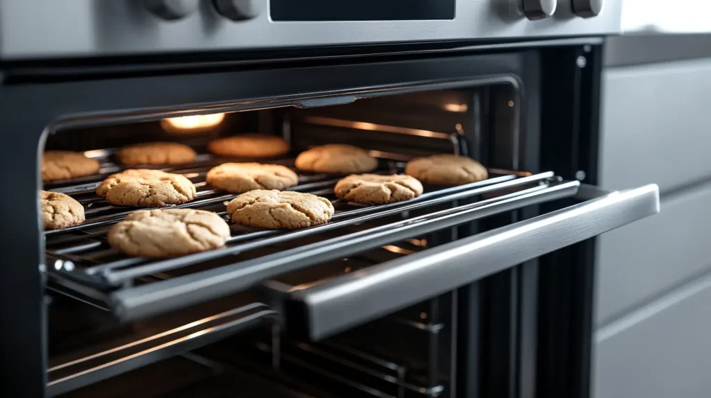 Cookies rising and spreading in a brightly lit stainless steel oven