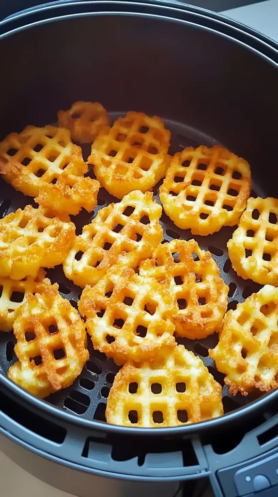 Frozen waffle fries halfway through cooking in an air fryer basket, turning golden