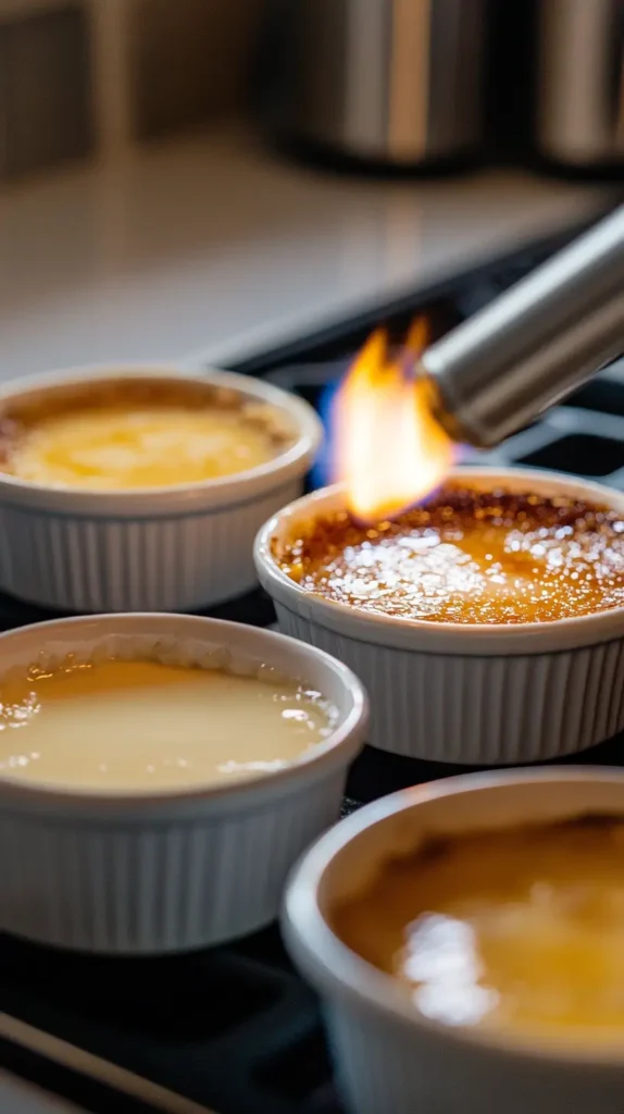 Crab brulee preparation steps from filling ramekins to torching the crust