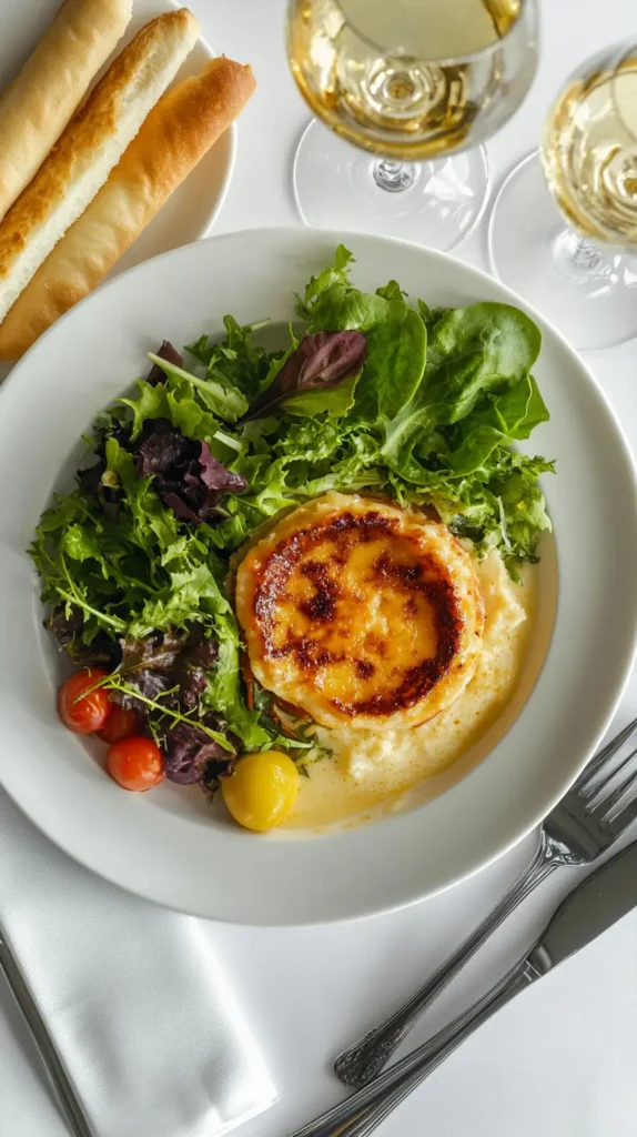 Crab brulee served with a green salad, sparkling water, and breadsticks