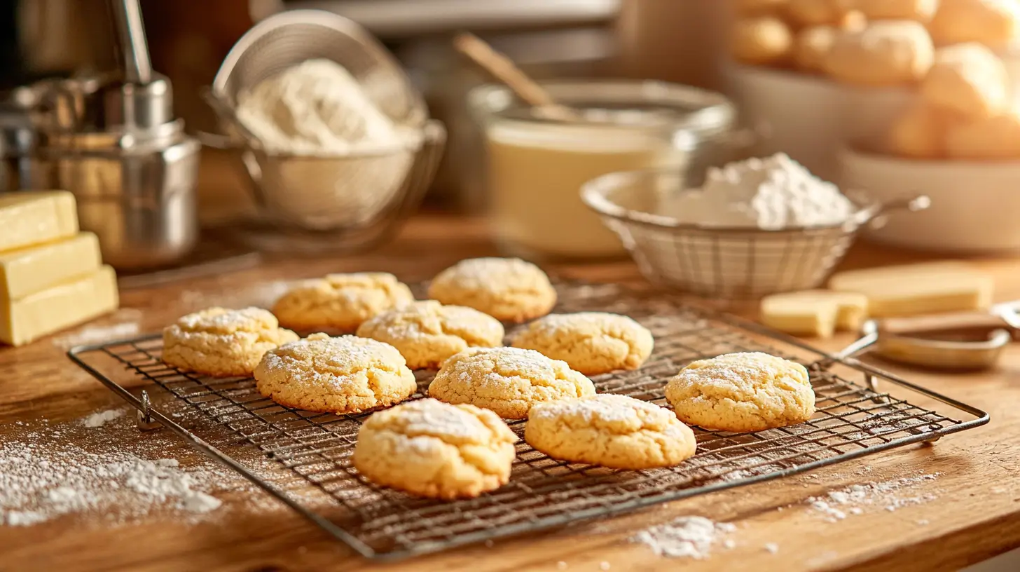 Golden-brown cookies cooling with baking tools and ingredients in a cozy kitchen lit by natural light