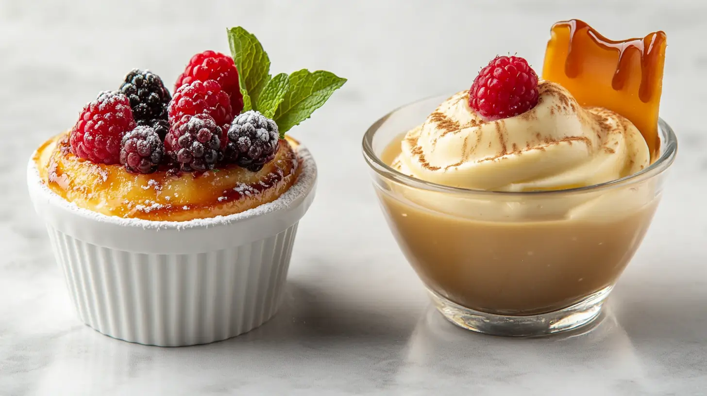 Crème brûlée with caramelized sugar crust and custard topped with caramel