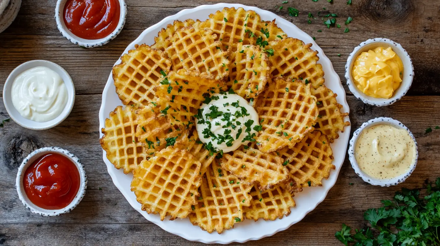 Golden, crispy waffle fries on a white plate with dipping sauces and parsley garnish