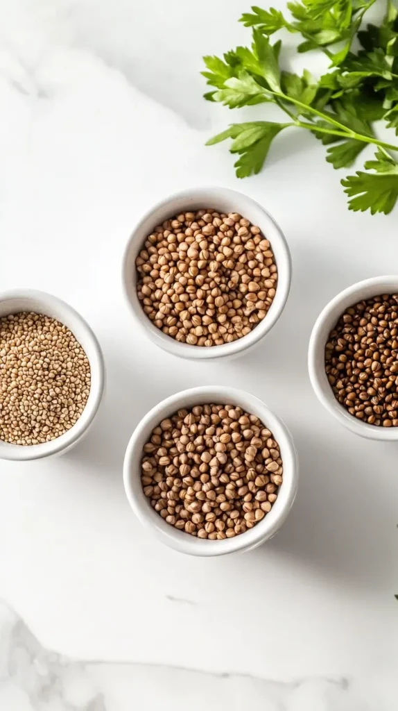 Three bowls of buckwheat prepared using boiling, roasting, and steaming methods, placed on a white countertop