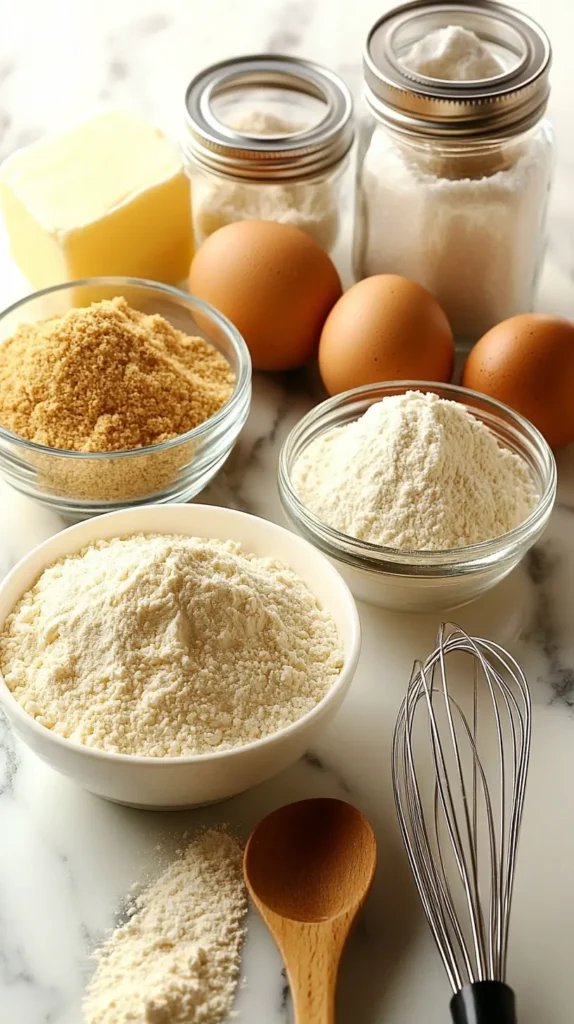 Essential baking ingredients, including flour, butter, sugar, and eggs, arranged on a marble countertop