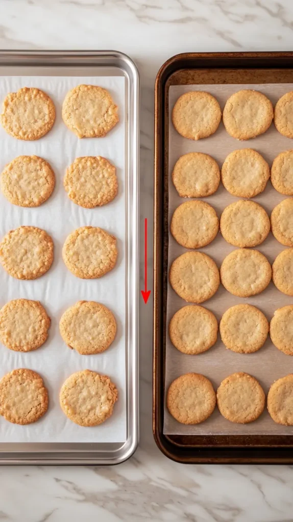 A comparison of puffy, uneven cookies and perfectly flat, golden cookies on baking trays